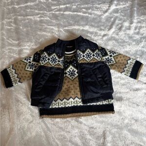 Toddler Fair Isle Sweater with Puffer Vest Detail - Navy & Tan